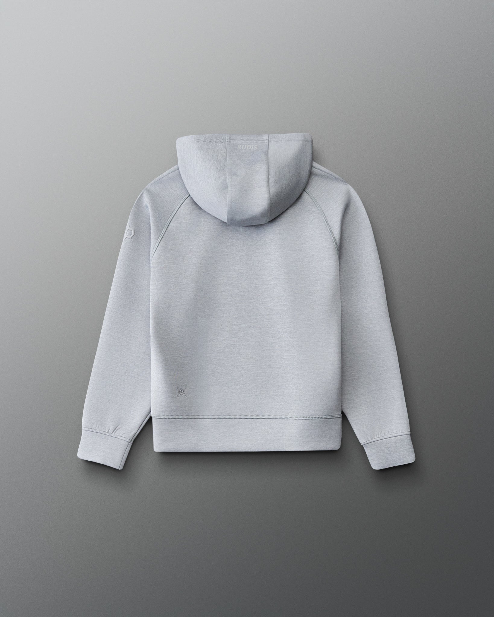 Back view of the RUDIS Contrast Youth COOL-FEEL Hoodie in heather gray, featuring a paneled hood, raglan seams, and subtle RUDIS branding.