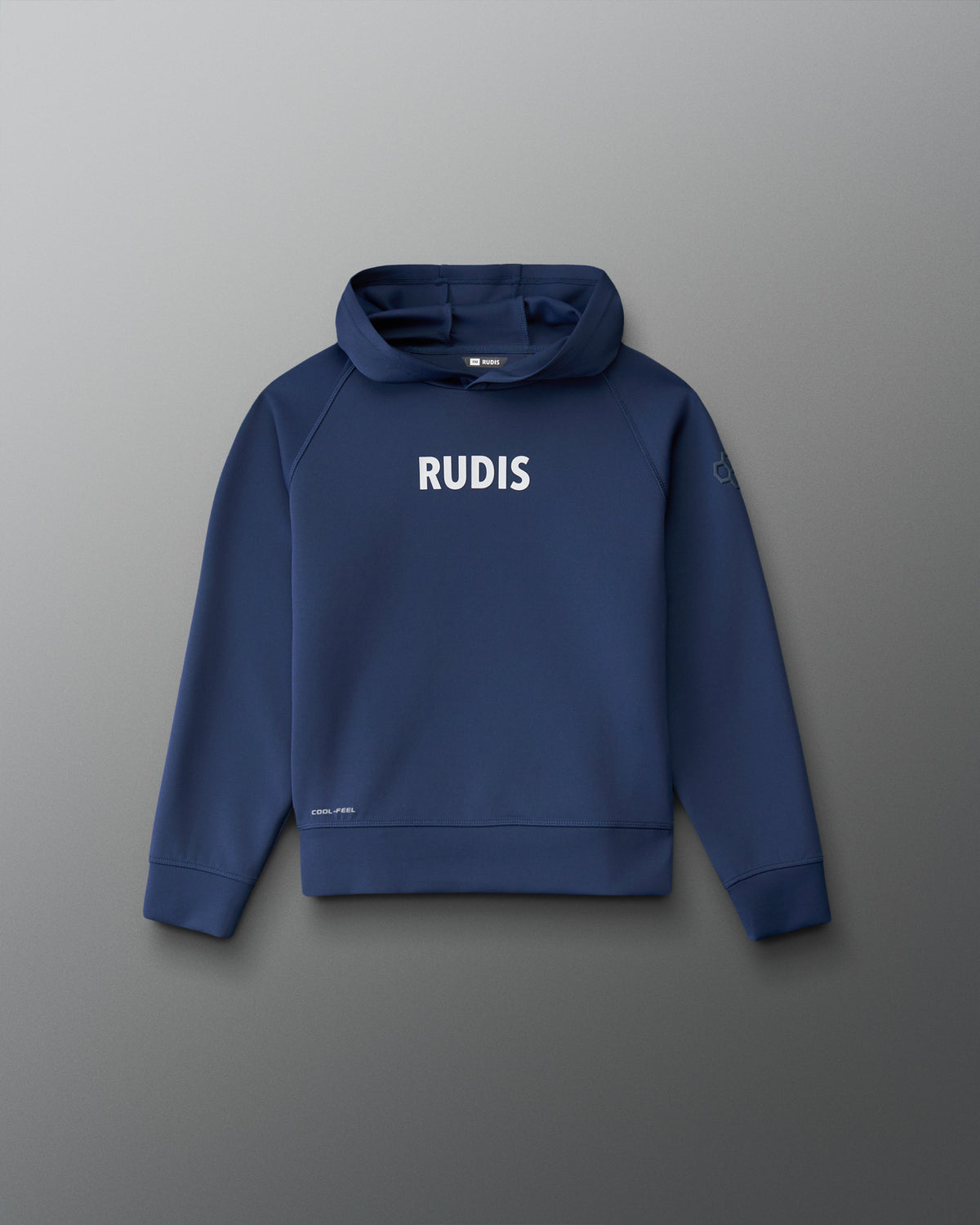 Front view of the RUDIS Contrast Youth COOL-FEEL Hoodie in navy with white RUDIS chest branding, raglan sleeves, and pullover hood.