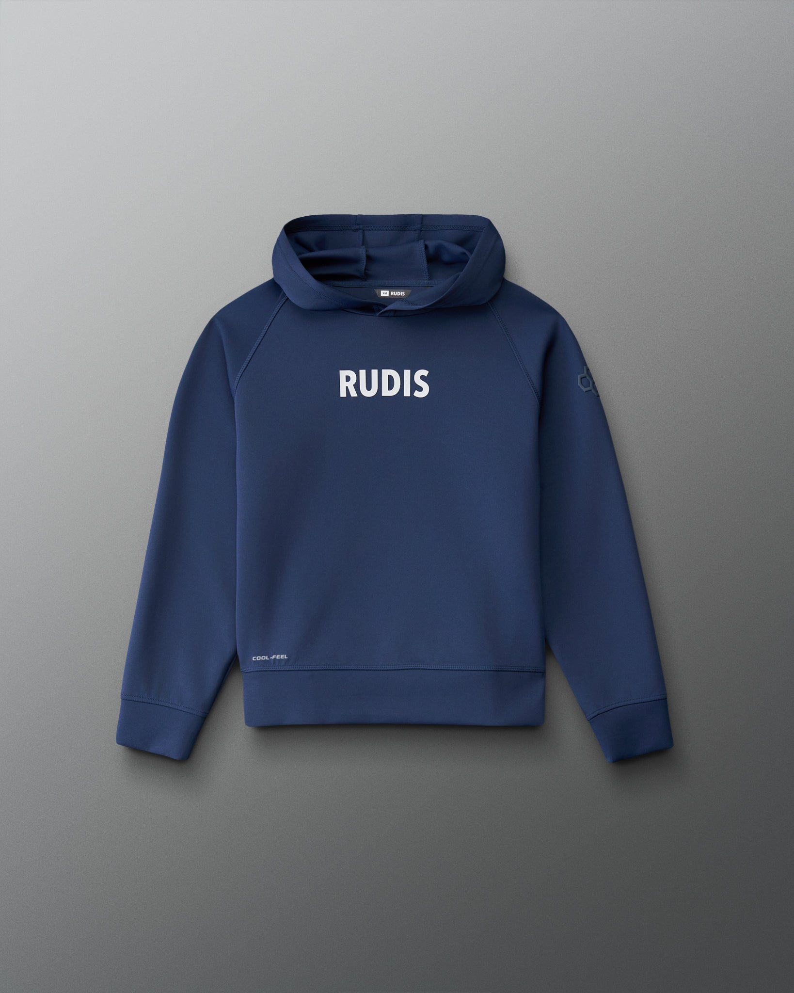 Front view of the RUDIS Contrast Youth COOL-FEEL Hoodie in navy with white RUDIS chest branding, raglan sleeves, and pullover hood.