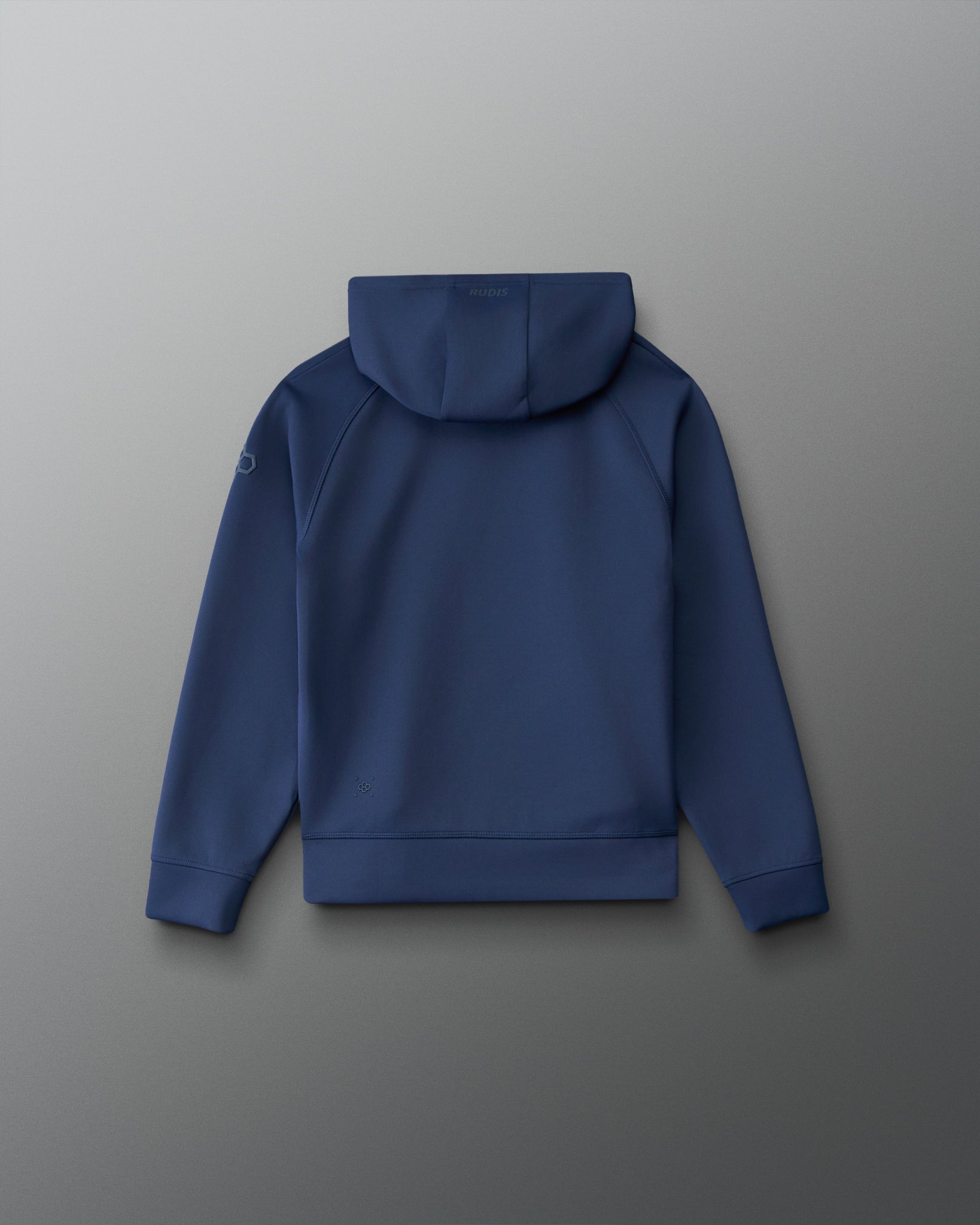 Back view of the RUDIS Contrast Youth COOL-FEEL Hoodie in navy, featuring a paneled hood, raglan seams, and subtle RUDIS branding.
