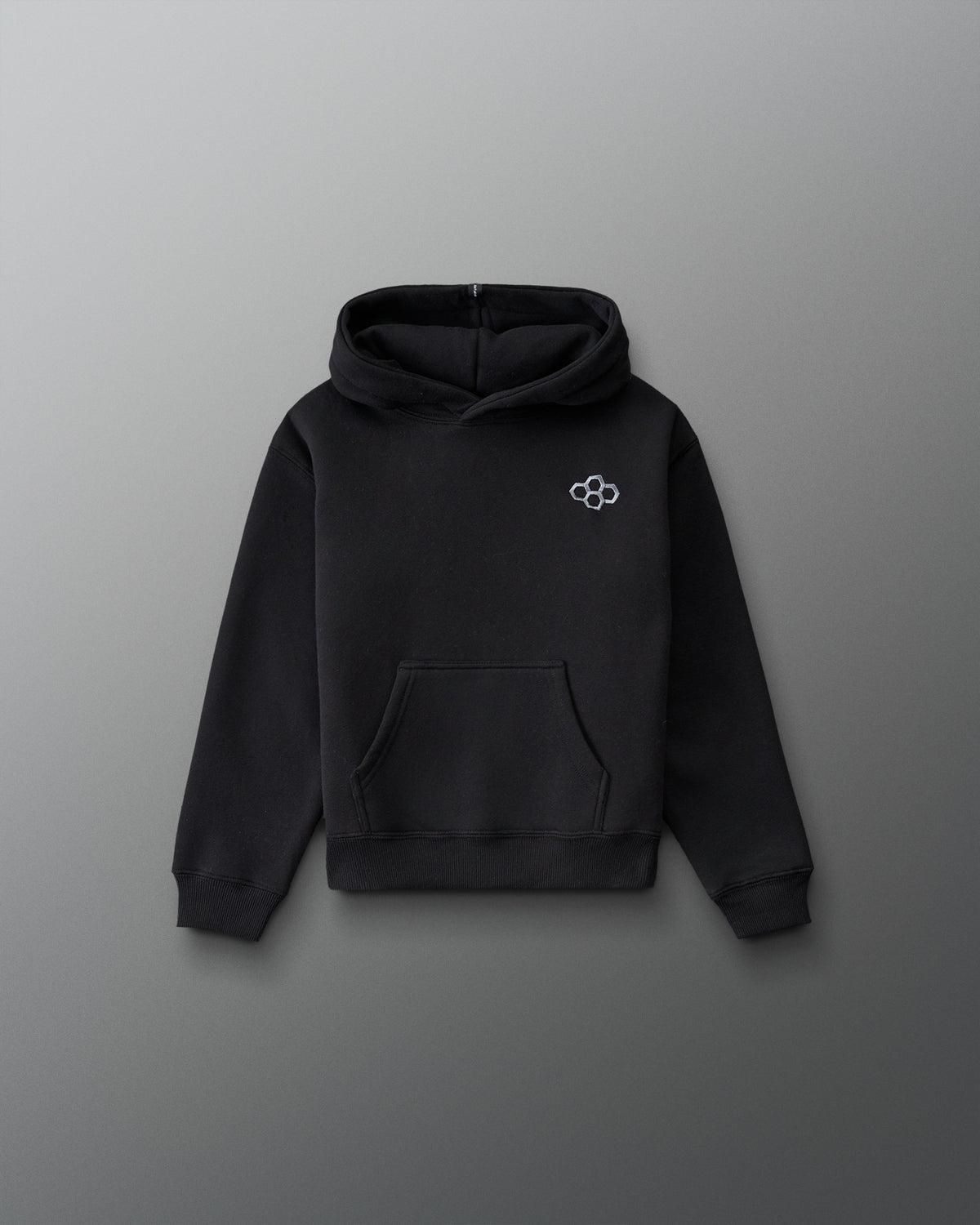 RUDIS Essential Hex Youth Relaxed Comfort Fleece Hoodie in Black, front view featuring an embroidered Hex chest logo, kangaroo pocket, and ribbed cuffs. Copy Alt Text
