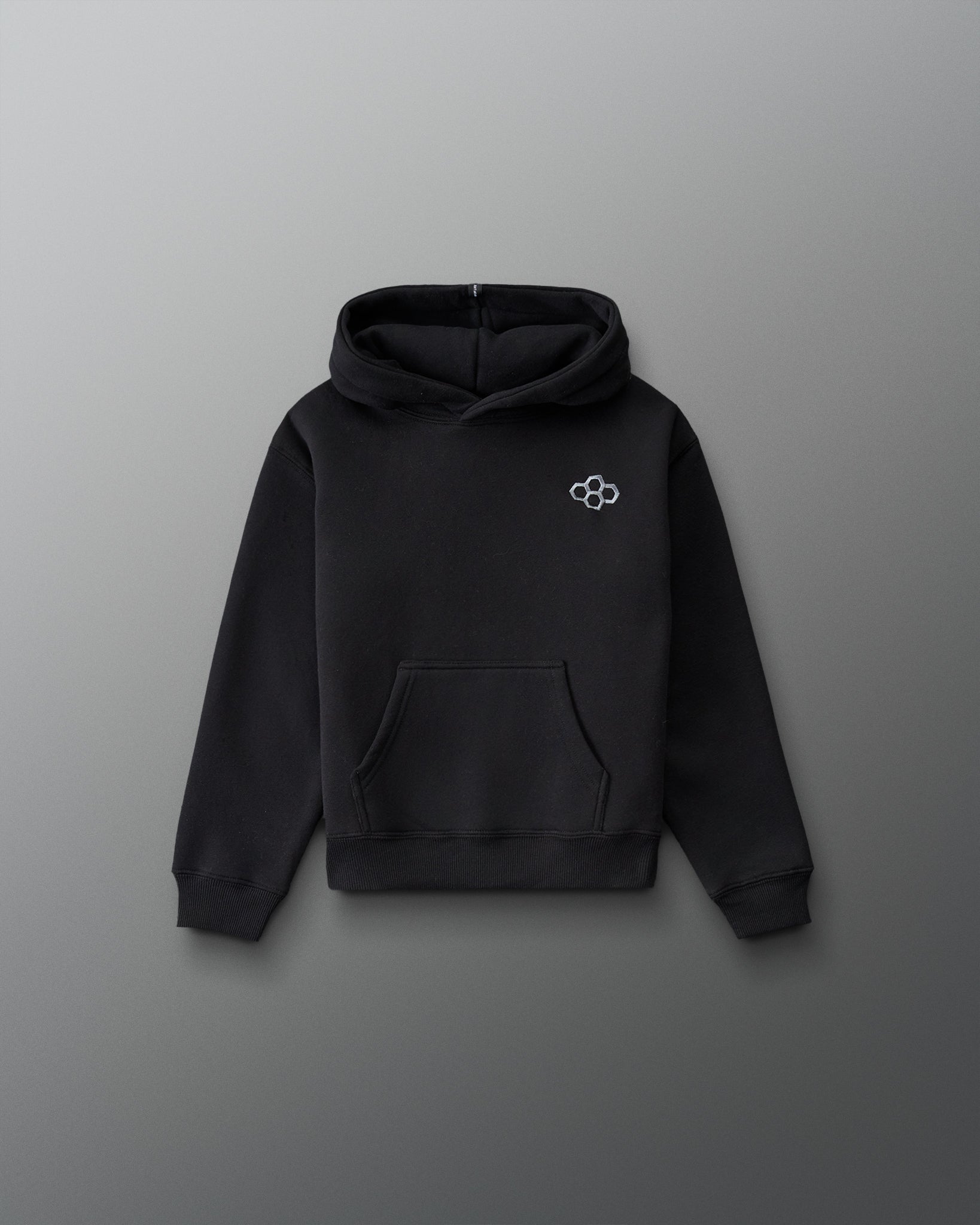RUDIS Essential Hex Youth Relaxed Comfort Fleece Hoodie in Black, front view featuring an embroidered Hex chest logo, kangaroo pocket, and ribbed cuffs. Copy Alt Text