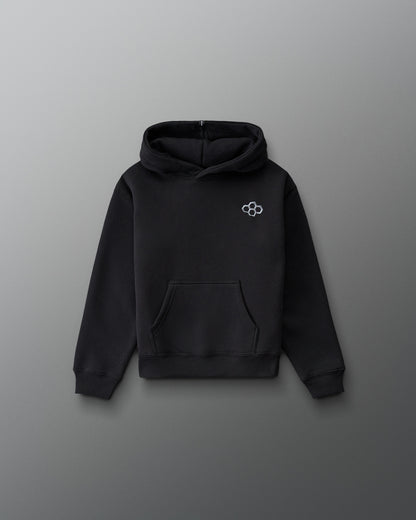 RUDIS Essential Hex Youth Relaxed Comfort Fleece Hoodie in Black, front view featuring an embroidered Hex chest logo, kangaroo pocket, and ribbed cuffs. Copy Alt Text