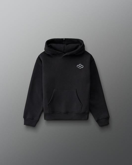 RUDIS Essential Hex Youth Relaxed Comfort Fleece Hoodie in Black, front view featuring an embroidered Hex chest logo, kangaroo pocket, and ribbed cuffs. Copy Alt Text