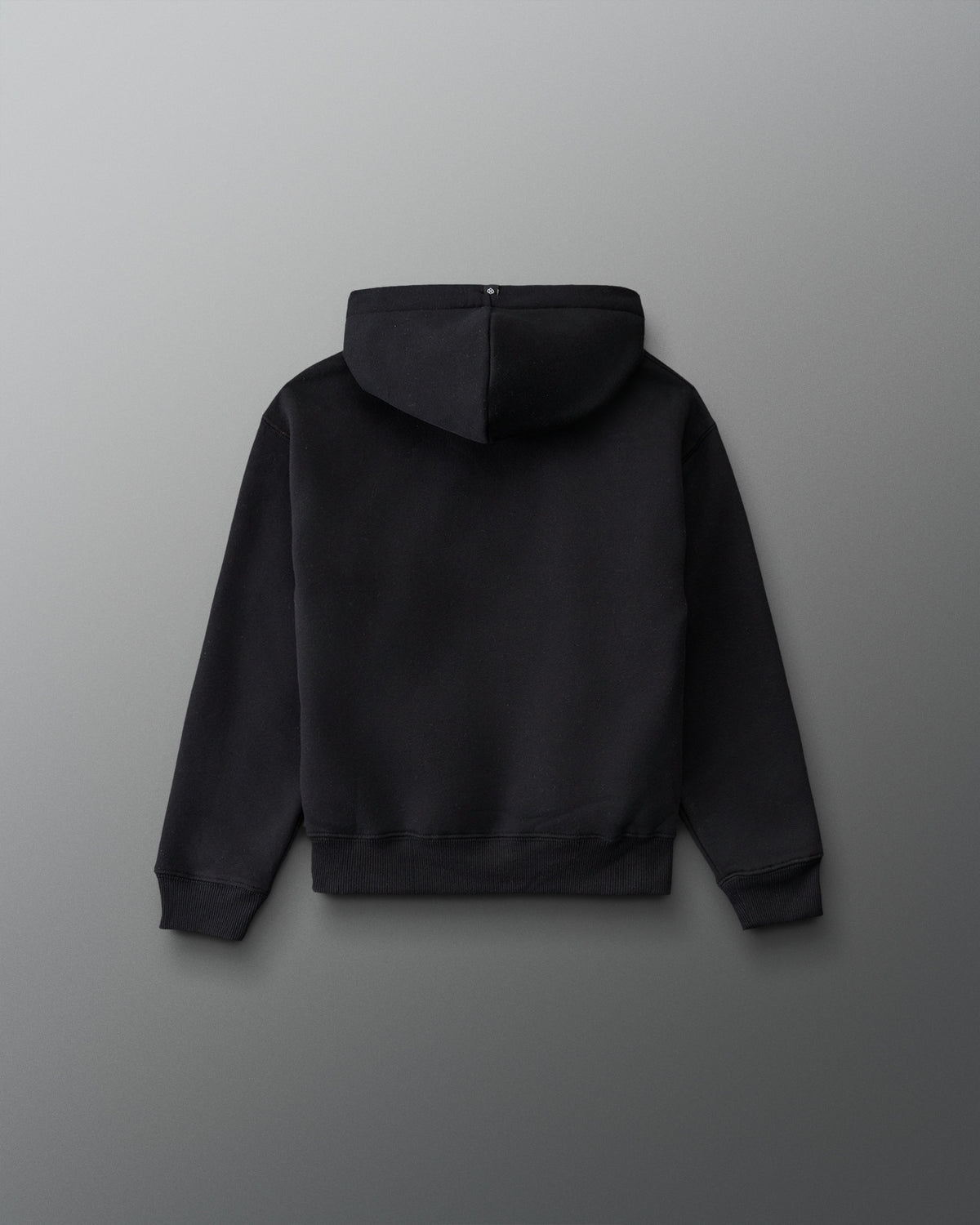 RUDIS Essential Hex Youth Relaxed Comfort Fleece Hoodie in Black, back view showing the solid black design, relaxed silhouette, hood, and ribbed hem. Copy Alt Text