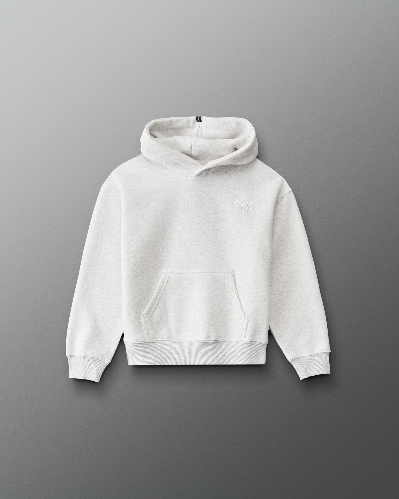 RUDIS Essential Hex Youth Relaxed Comfort Fleece Hoodie in Heather Silver, front view with tonal Hex chest logo, kangaroo pocket, and ribbed cuffs. Copy Alt Text
