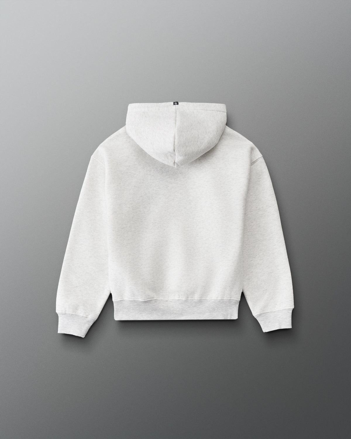 RUDIS Essential Hex Youth Relaxed Comfort Fleece Hoodie in Heather Silver, back view highlighting the heathered fabric, hood, and ribbed hem. Copy Alt Text