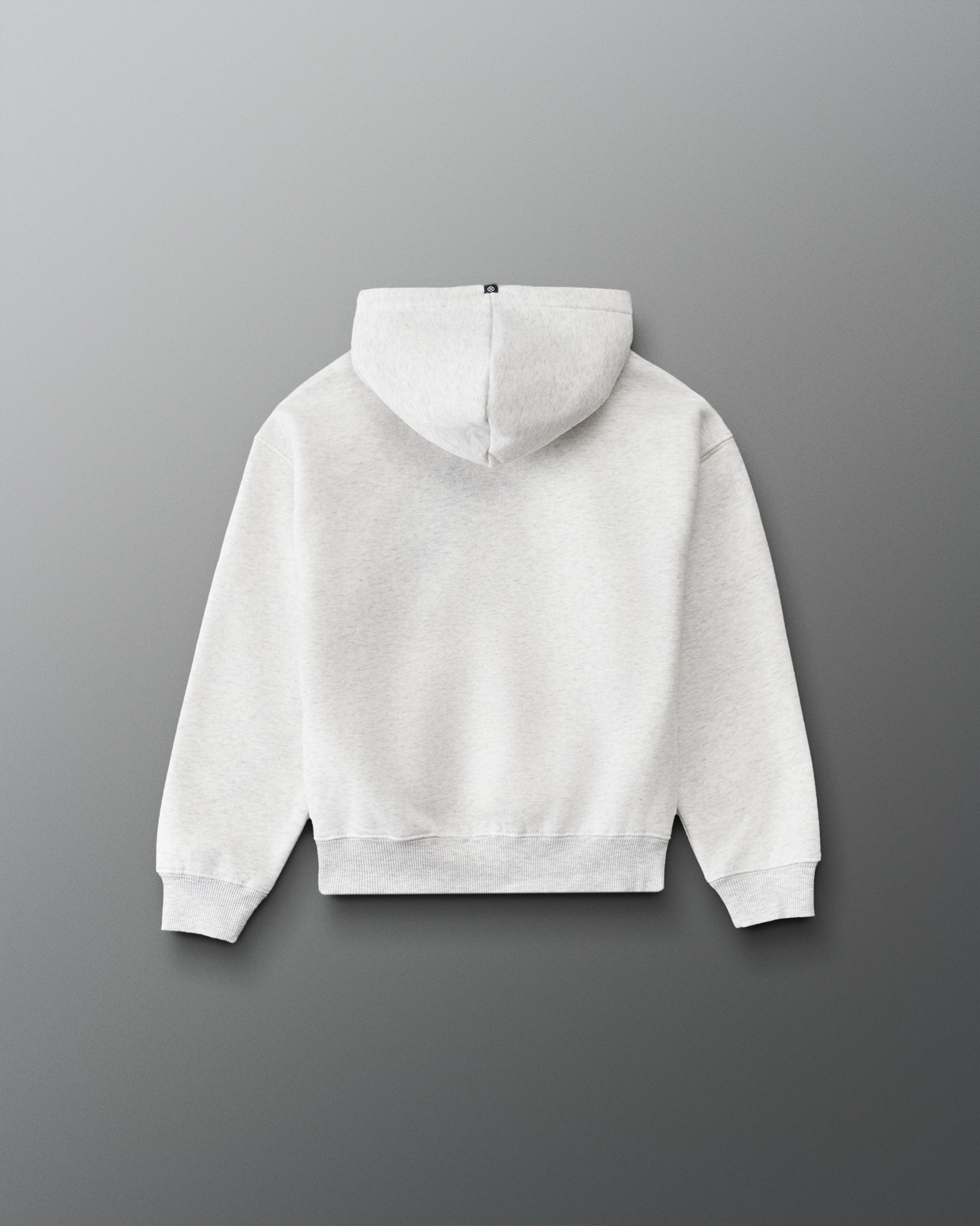 RUDIS Essential Hex Youth Relaxed Comfort Fleece Hoodie in Heather Silver, back view highlighting the heathered fabric, hood, and ribbed hem. Copy Alt Text