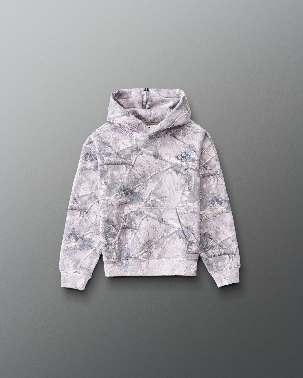 RUDIS Essential Hex Youth Relaxed Comfort Fleece Hoodie in Tree Camo, front view featuring woodland camouflage, Hex chest logo, and kangaroo pocket. Copy Alt Text