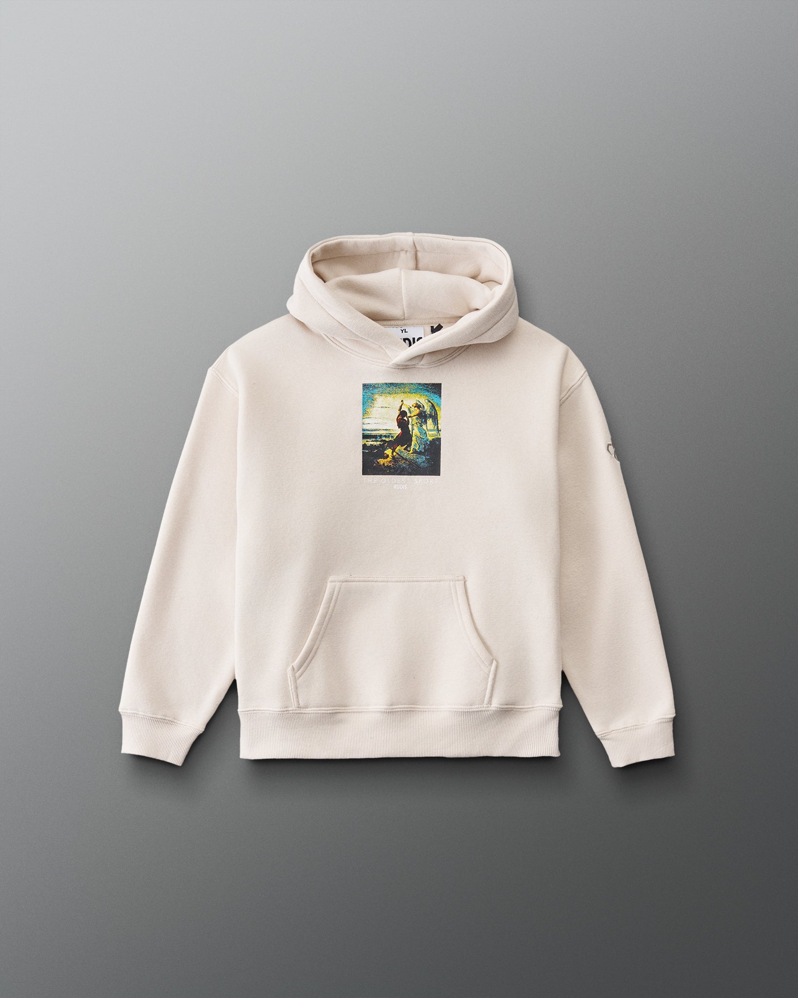 RUDIS Divine Struggle Youth Relaxed Comfort Fleece Hoodie in Bone, front view featuring colorful wrestling artwork, kangaroo pocket, and ribbed cuffs. Copy Alt Text