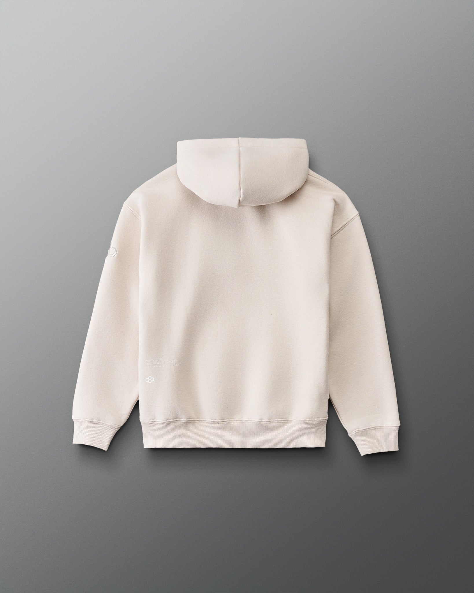 RUDIS Divine Struggle Youth Relaxed Comfort Fleece Hoodie in Bone, back view showing subtle lower-back branding, relaxed silhouette, and ribbed hem. Copy Alt Text