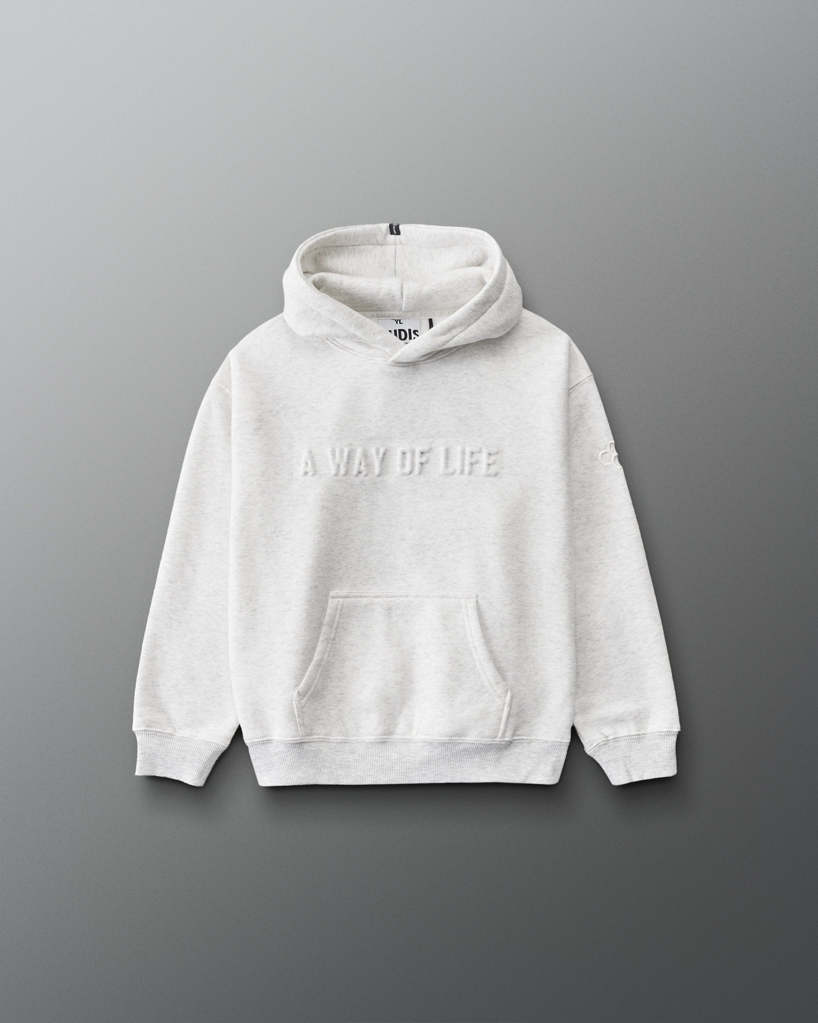RUDIS A Way Of Life Youth Relaxed Comfort Fleece Hoodie in Heather Silver, front view featuring tonal A WAY OF LIFE chest lettering, RUDIS sleeve logo, kangaroo pocket, and ribbed cuffs.