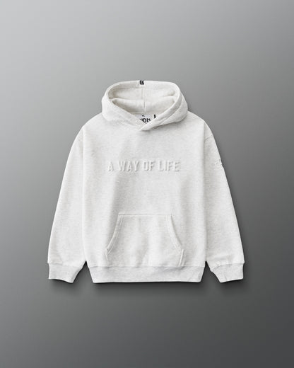 RUDIS A Way Of Life Youth Relaxed Comfort Fleece Hoodie in Heather Silver, front view featuring tonal A WAY OF LIFE chest lettering, RUDIS sleeve logo, kangaroo pocket, and ribbed cuffs.