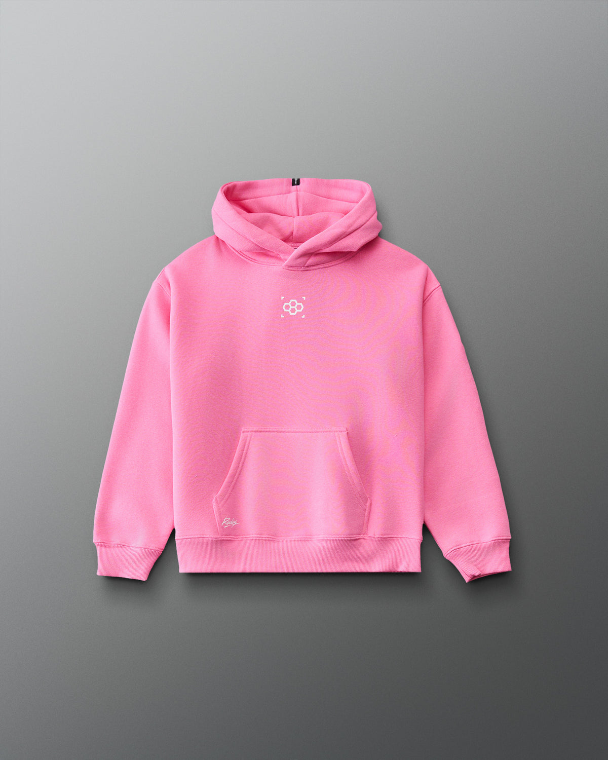 RUDIS Art of Wrestling Youth Relaxed Comfort Fleece Hoodie in Bubble Gum Pink, front view with white RUDIS chest logo, kangaroo pocket, and ribbed cuffs. Copy Alt Text