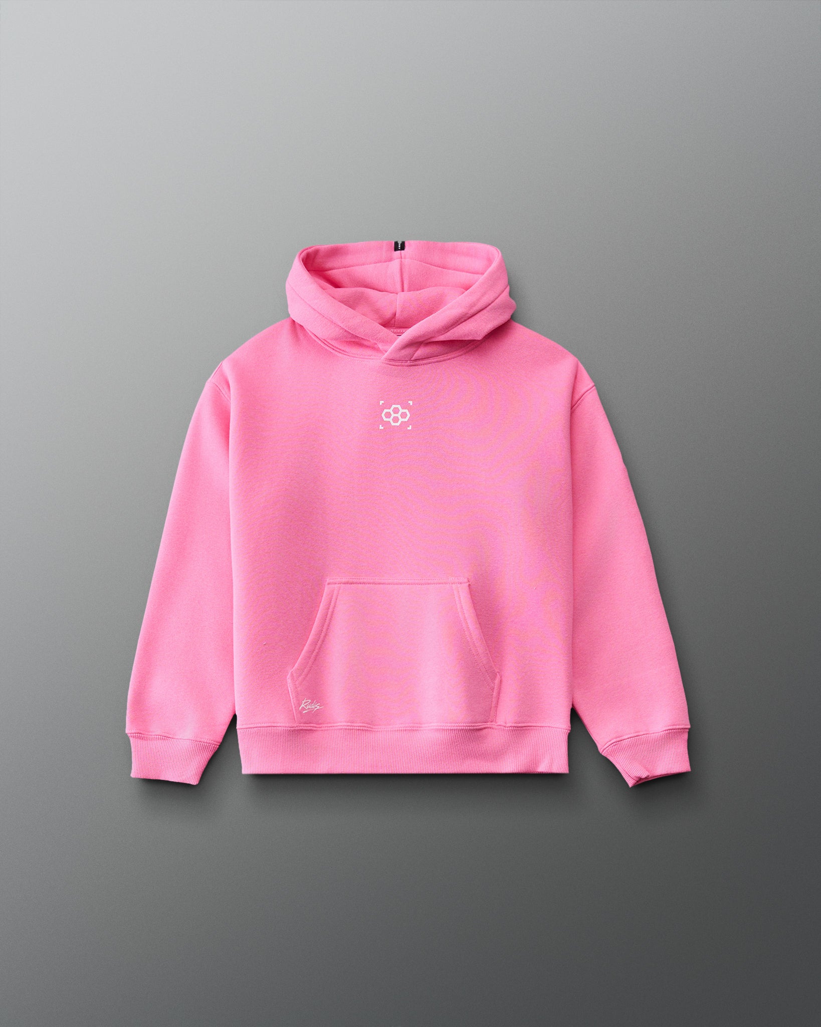 RUDIS Art of Wrestling Youth Relaxed Comfort Fleece Hoodie in Bubble Gum Pink, front view with white RUDIS chest logo, kangaroo pocket, and ribbed cuffs. Copy Alt Text