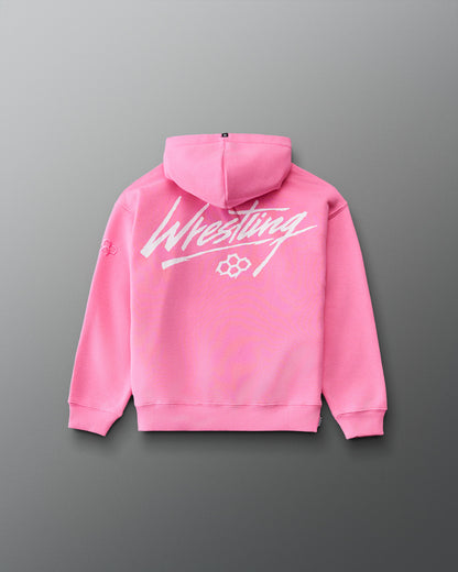 RUDIS Art of Wrestling Youth Relaxed Comfort Fleece Hoodie in Bubble Gum Pink, back view featuring oversized white Wrestling script, RUDIS logo, and ribbed hem. Copy Alt Text