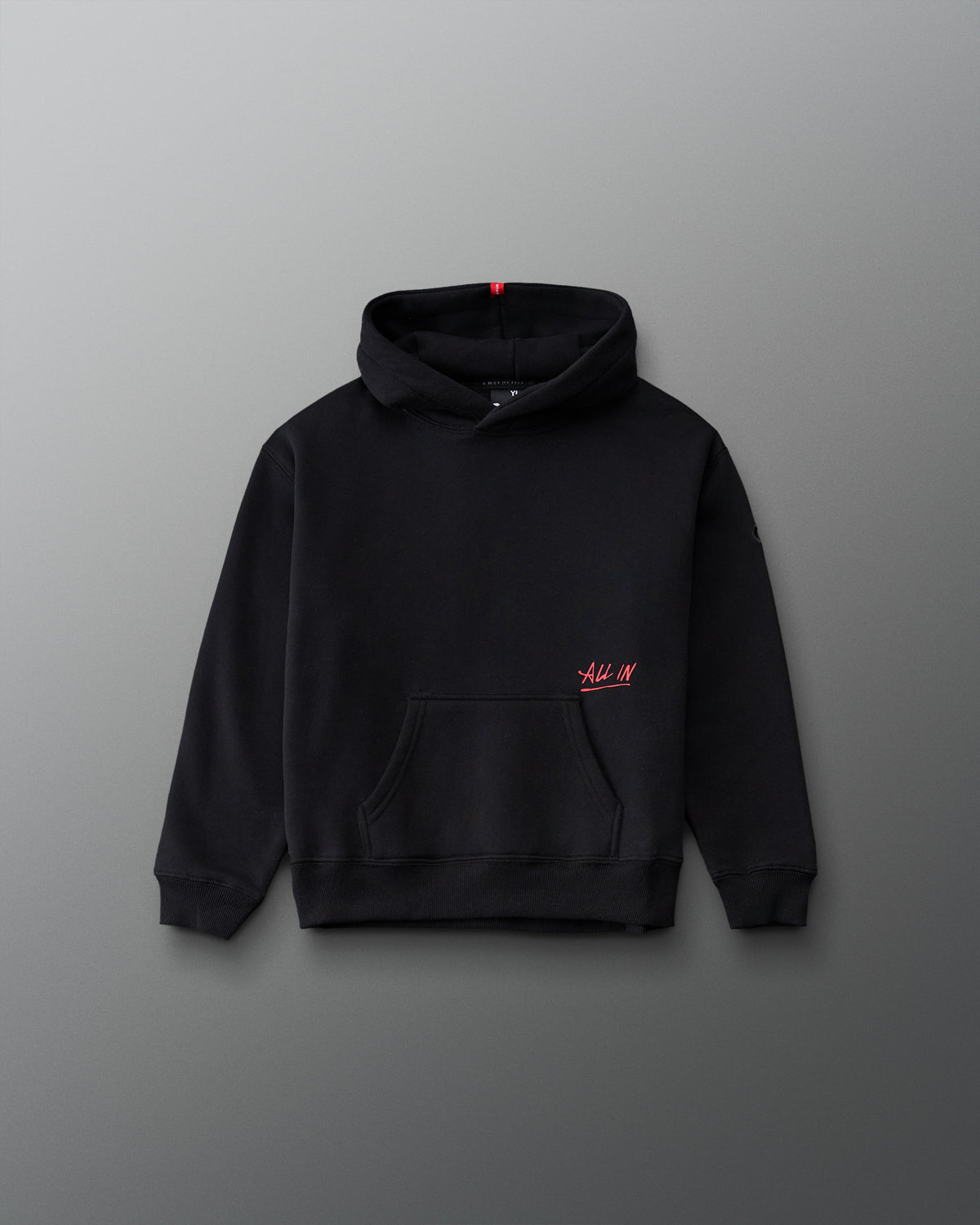 RUDIS ALL IN Youth Relaxed Comfort Fleece Hoodie in Black, front view with red ALL IN script, kangaroo pocket, attached hood, and ribbed cuffs.