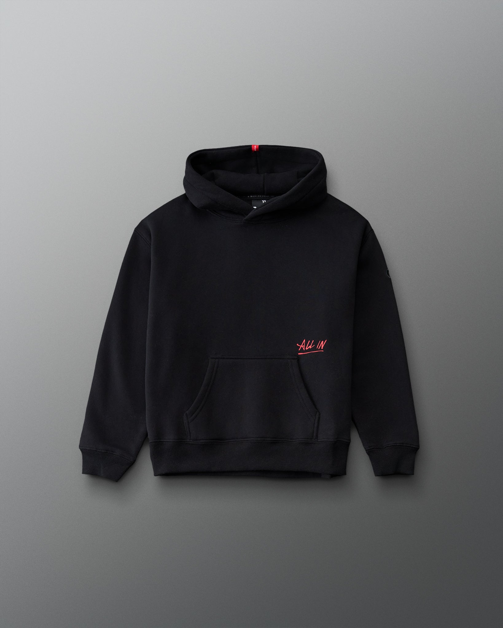 RUDIS ALL IN Youth Relaxed Comfort Fleece Hoodie in Black, front view with red ALL IN script, kangaroo pocket, attached hood, and ribbed cuffs.