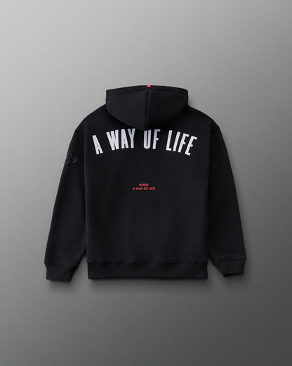 Back view of the RUDIS ALL IN Youth Wrestling Hoodie in Black featuring bold white A WAY OF LIFE lettering, red RUDIS branding, and sleeve logo.