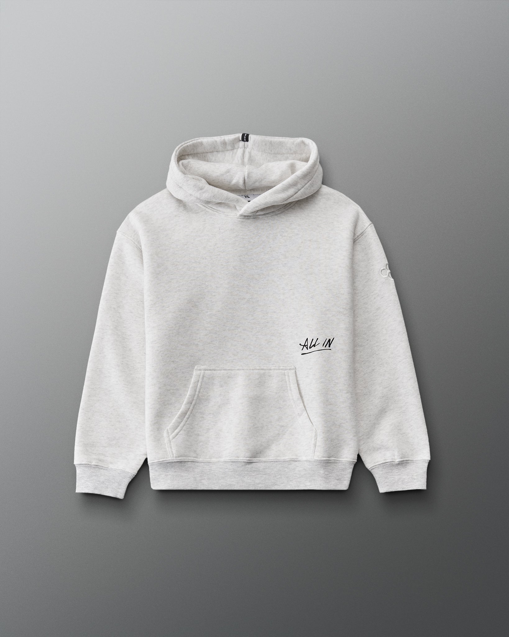 RUDIS ALL IN Youth Relaxed Comfort Fleece Hoodie in Heather Silver, front view featuring black ALL IN script, kangaroo pocket, hood, and ribbed hem.