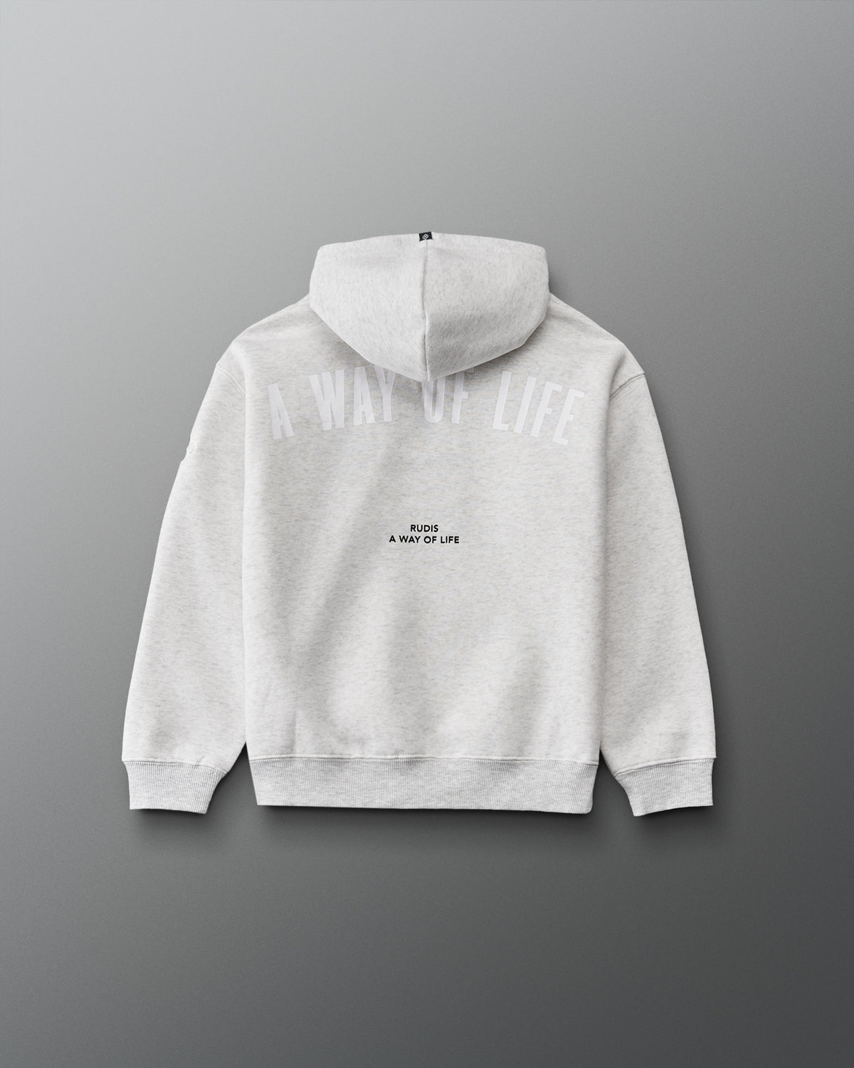 Back view of the RUDIS ALL IN Youth Fleece Hoodie in Heather Silver with tonal A WAY OF LIFE lettering, black RUDIS branding, and ribbed cuffs.
