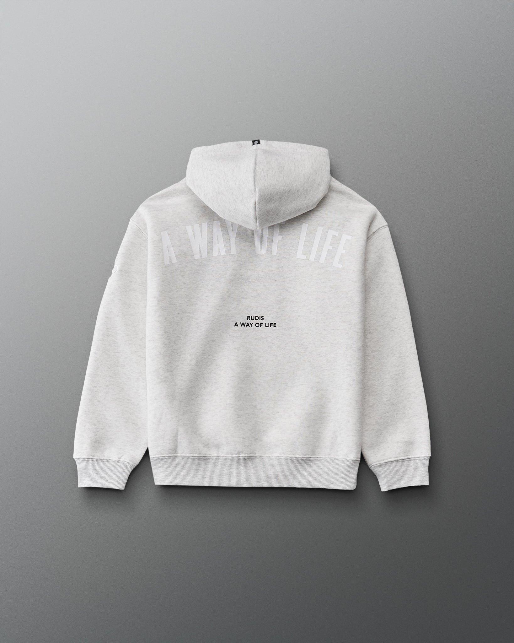 Back view of the RUDIS ALL IN Youth Fleece Hoodie in Heather Silver with tonal A WAY OF LIFE lettering, black RUDIS branding, and ribbed cuffs.