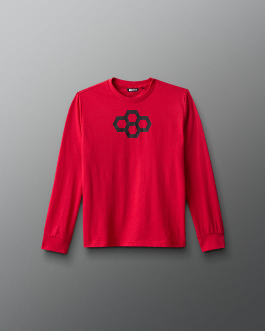 Red long-sleeve shirt with a black logo on a gray background