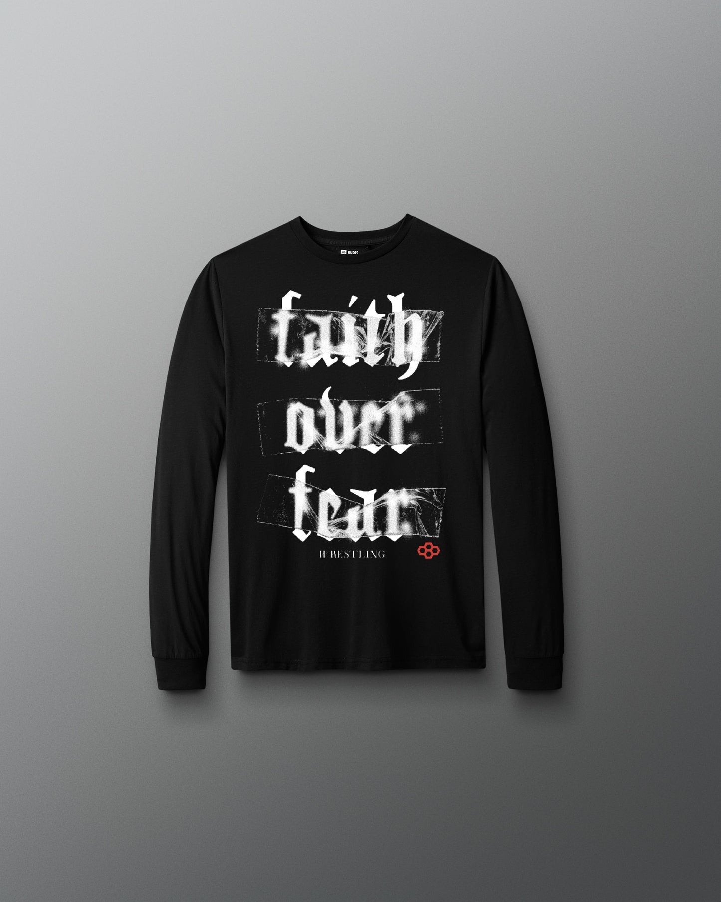 Black long-sleeve shirt with 'faith over fear' text on a gray background
