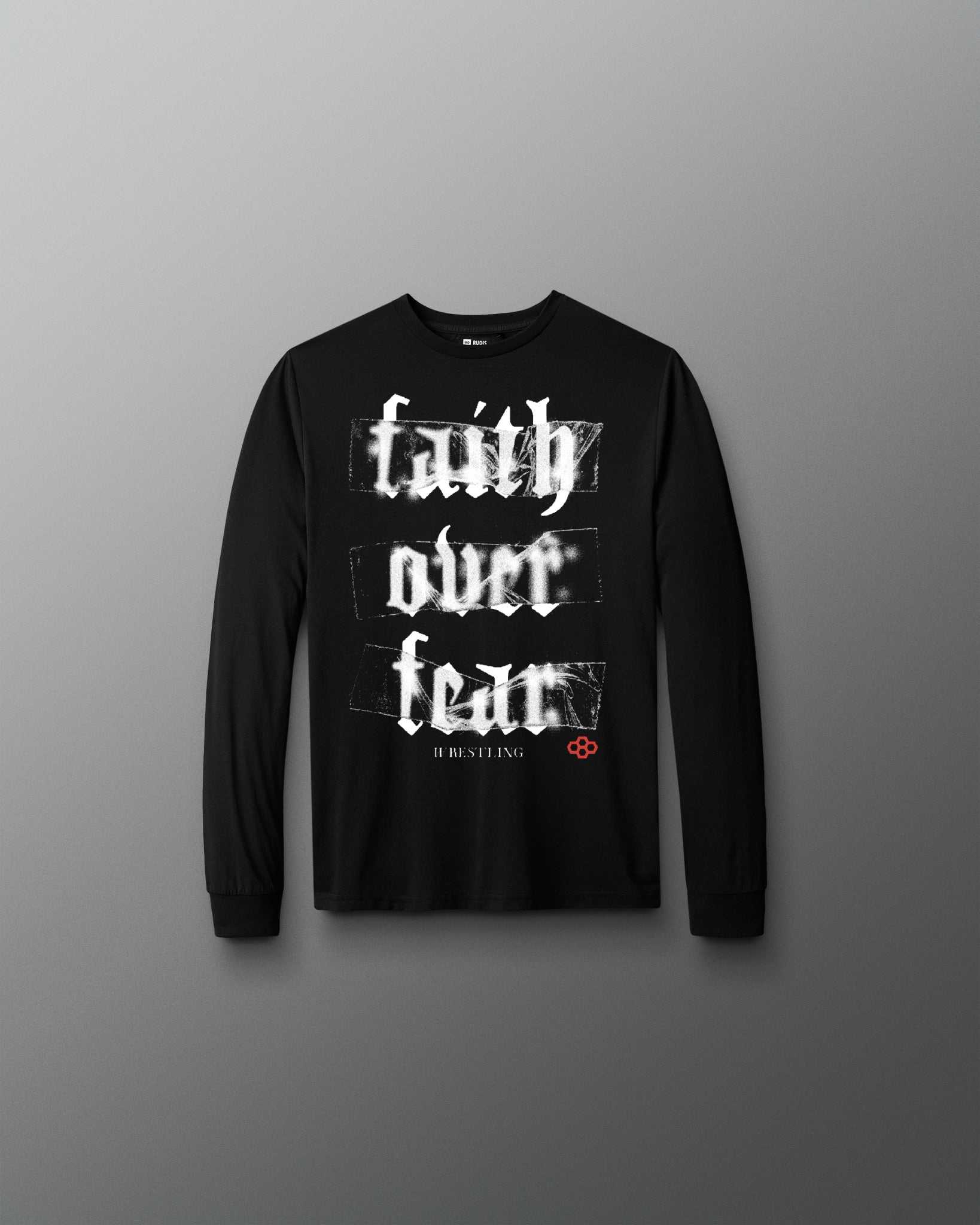 Black long-sleeve shirt with 'faith over fear' text on a gray background