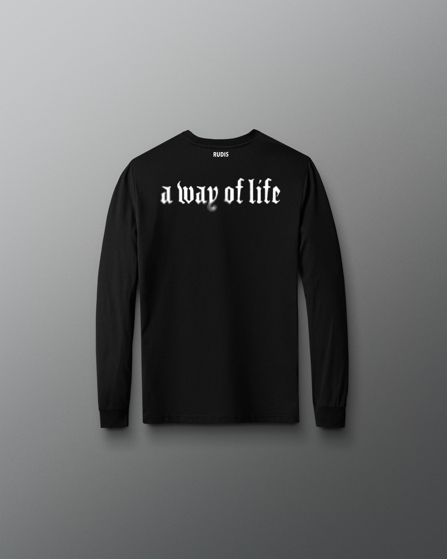 Black long-sleeve shirt with 'a way of life' text on a gray background