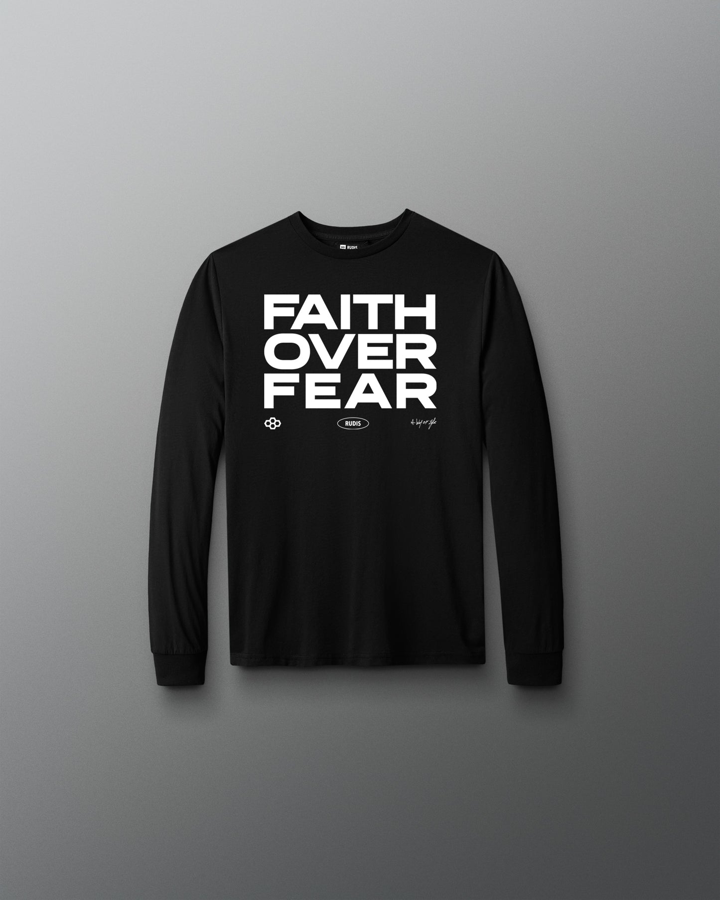 Black long-sleeve shirt with 'Faith Over Fear' text on a gray background