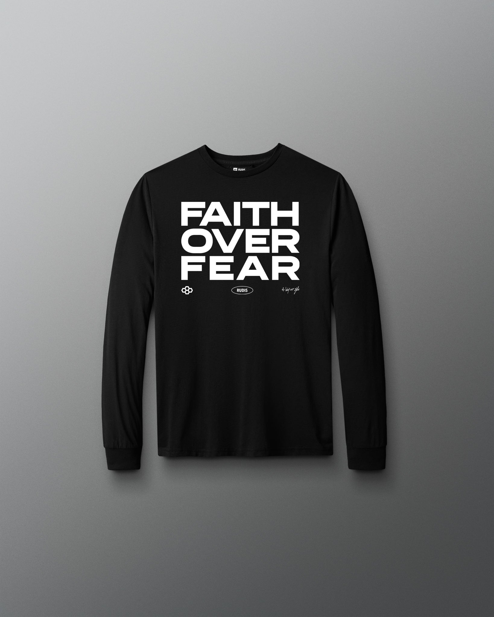 Black long-sleeve shirt with 'Faith Over Fear' text on a gray background