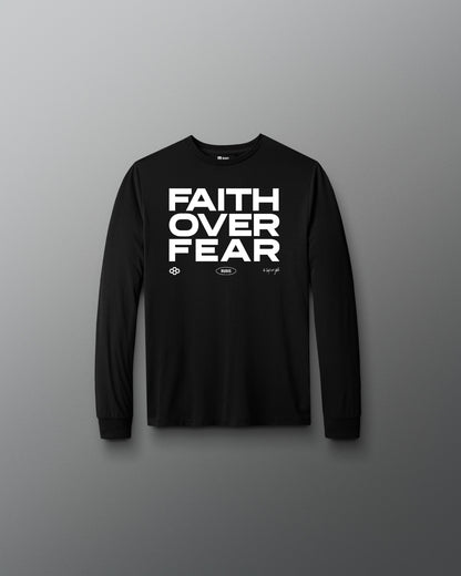 Black long-sleeve shirt with 'Faith Over Fear' text on a gray background