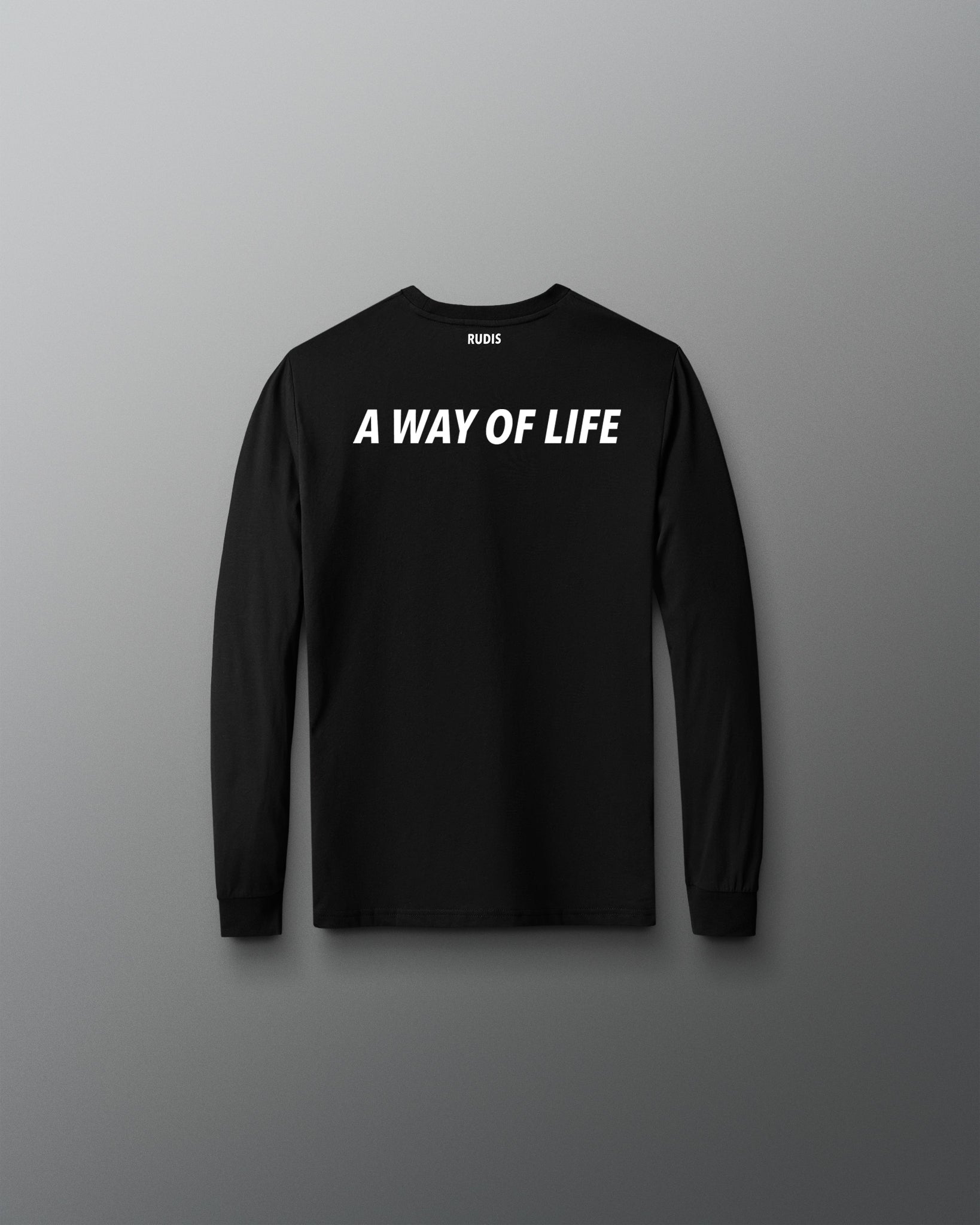 Black long-sleeve shirt with 'A Way of Life' text on a gray background
