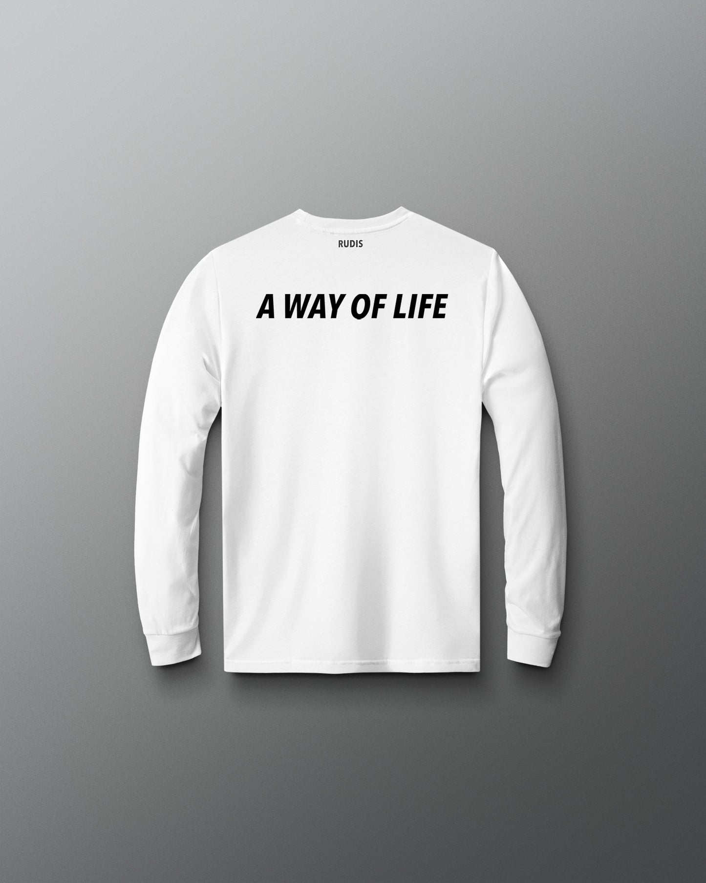 White long-sleeve shirt with 'A Way of Life' text on a gray background