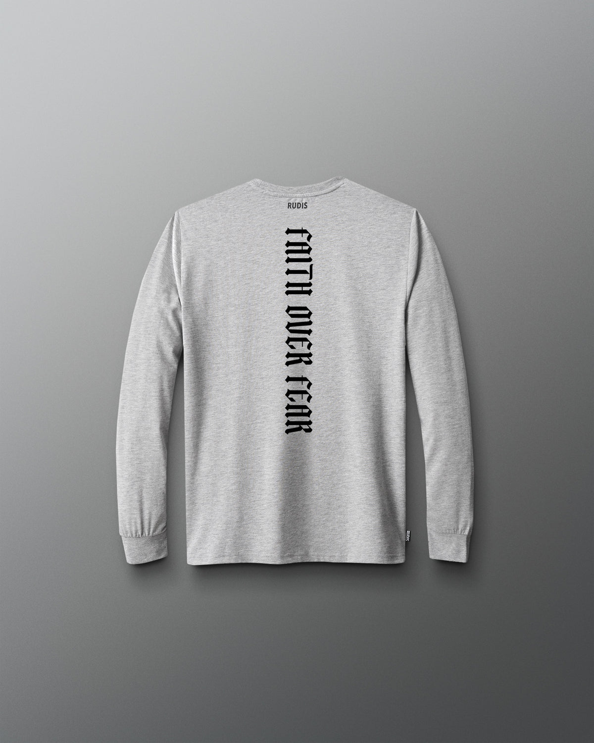 A light gray heather long-sleeve t-shirt shown from the back, featuring the text 'FAITH OVER FEAR' printed vertically in black on the center back.
