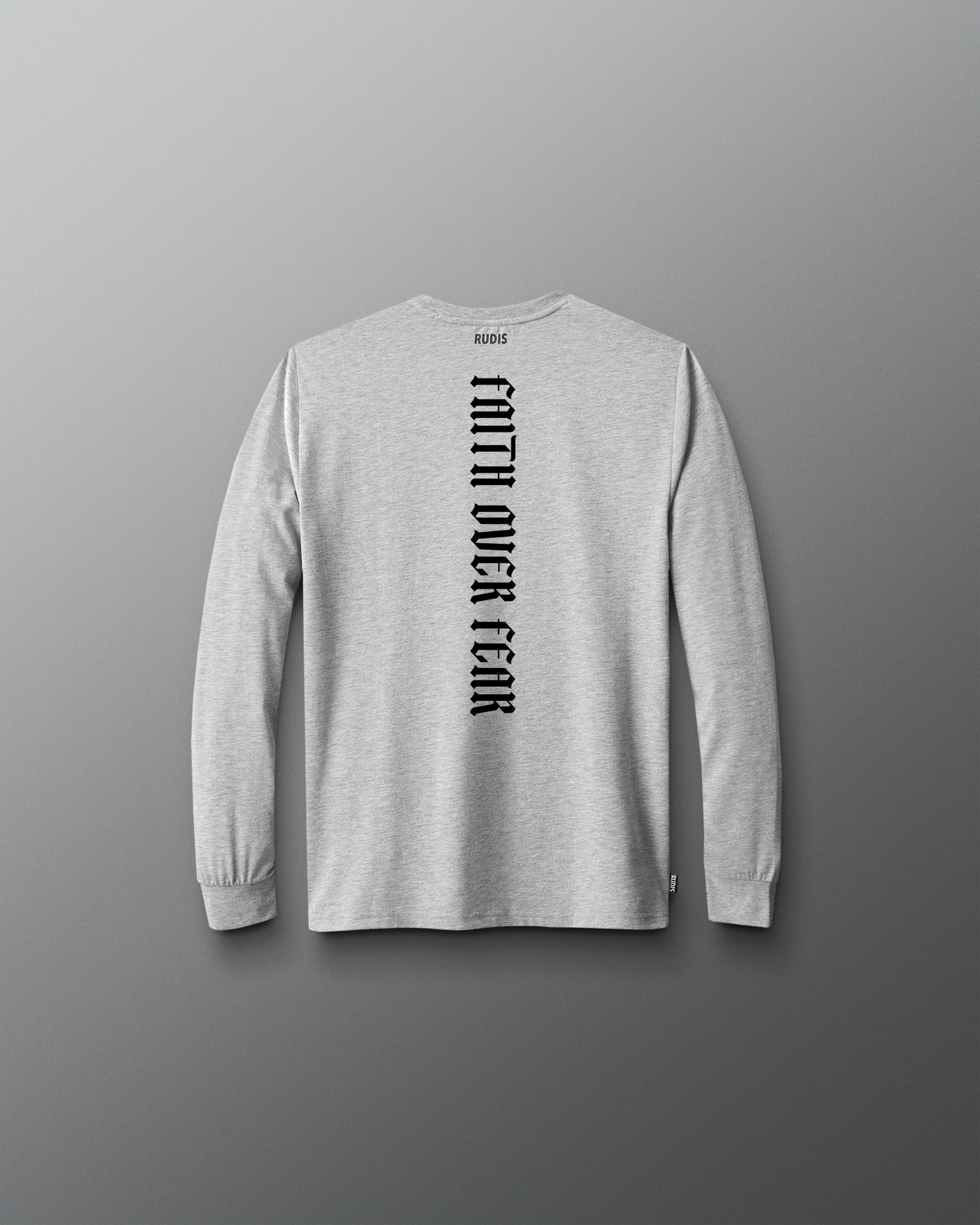 A light gray heather long-sleeve t-shirt shown from the back, featuring the text 'FAITH OVER FEAR' printed vertically in black on the center back.