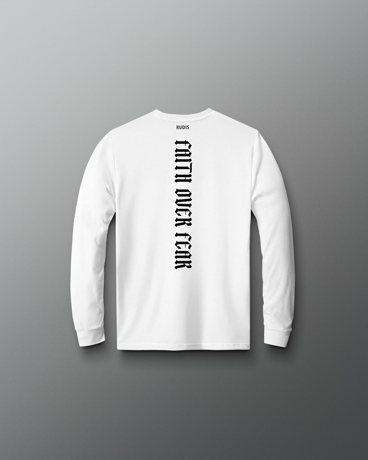 A white long-sleeve t-shirt with 'FAITH OVER FEAR' printed vertically in black on the back, displayed against a dark gray gradient background.