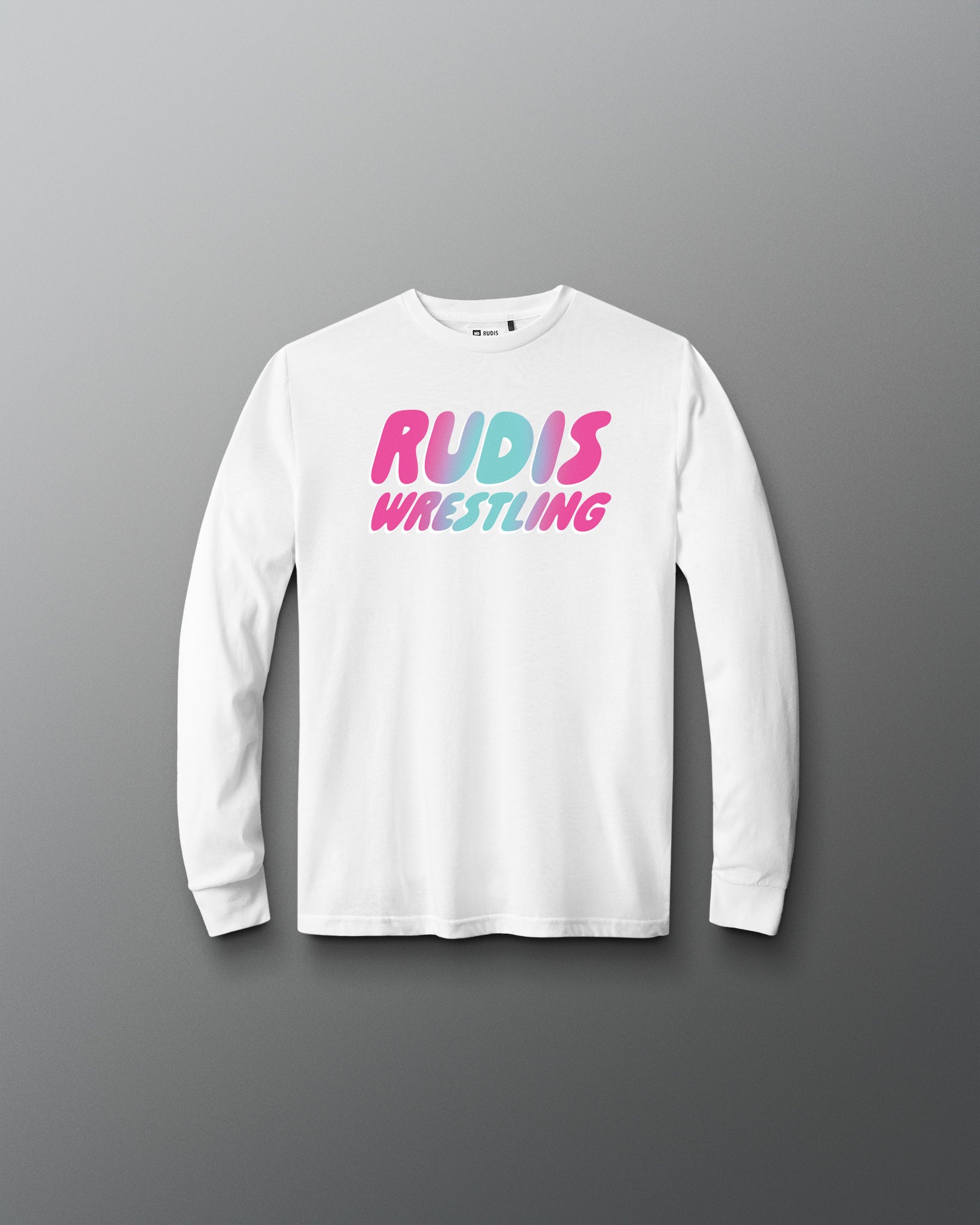White long-sleeve shirt with 'RUDIS WRESTLING' text on a gray background