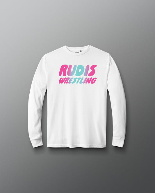 White long-sleeve shirt with 'RUDIS WRESTLING' text on a gray background