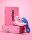 Pink wrestling shoe with blue soles on pink boxes featuring the Energizer logo against a pink background