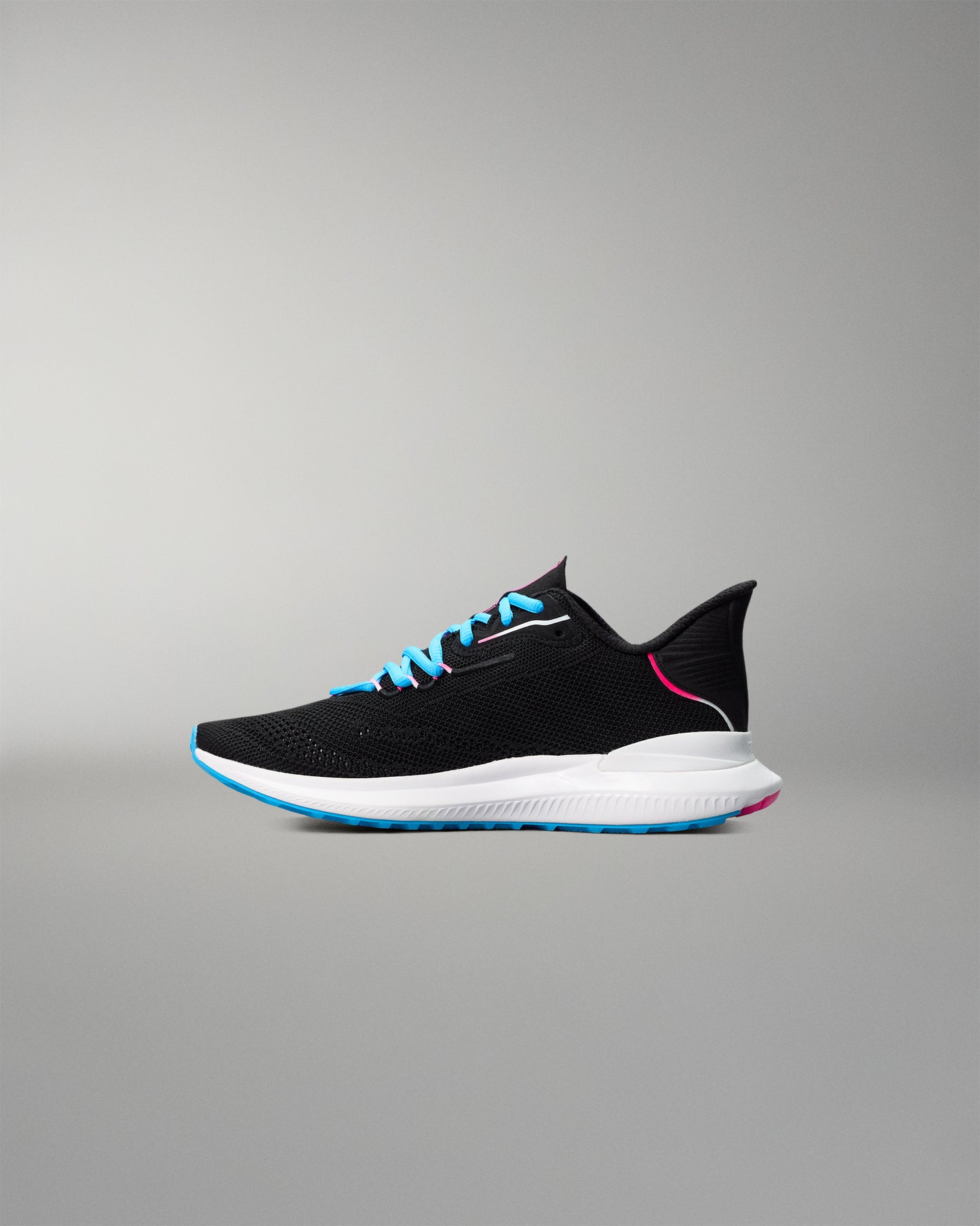 Black running shoe with blue accents on a gray background