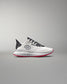 White running shoe with black and red accents on a gray background