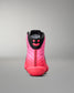 Pink and black wrestling shoe with a smiley face design on a gray background
