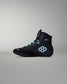 Black high-top sneaker with a white logo on a gray background