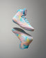 Colorful Wrestling shoes with a gradient design on a gray background