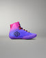Purple and pink wrestling shoe with a brand logo on a gray background