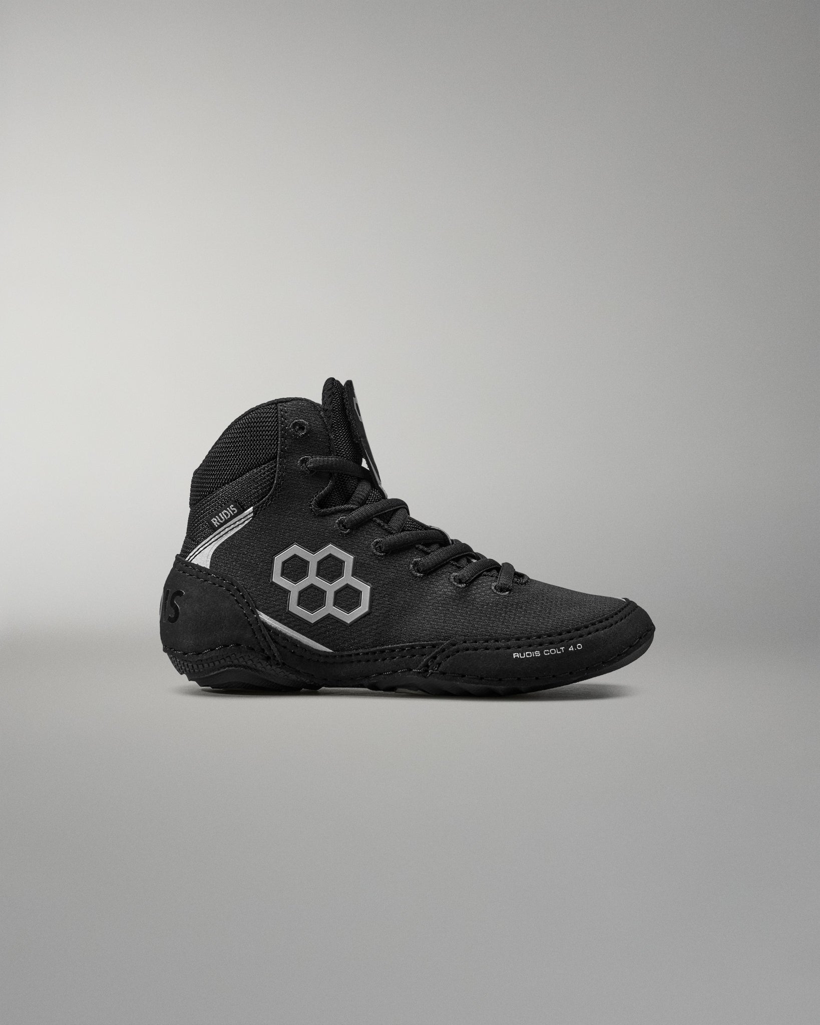 Black Wrestling Shoes with a white logo on a gray background