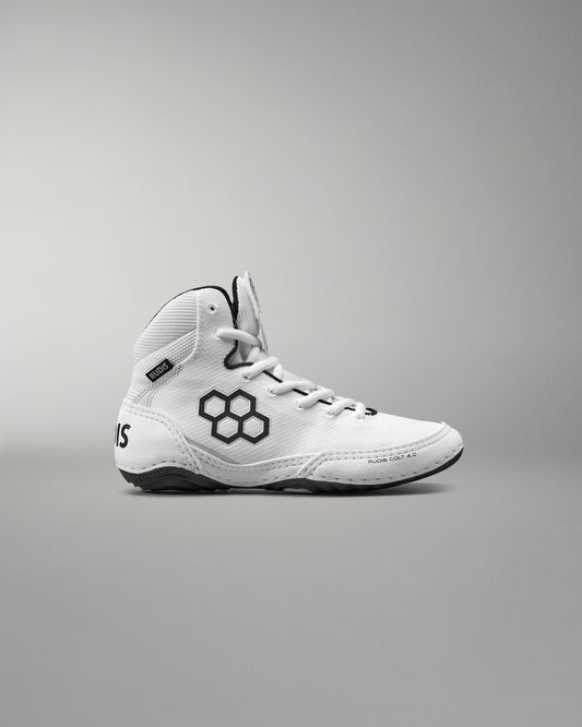 White Wrestling Shoe with black accents on a gray background