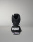 A black high-top wrestling shoe shown from the back, featuring a black heel counter with the brand name 'RUDIS' in bold white letters. The shoe has subtle pink and white graphic details on the sides and a translucent sole.